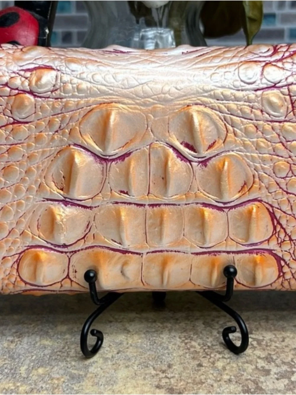 Brahmin Iridescent Peach-Pink Croc-Embossed Satchel and wallet with Gold Accent